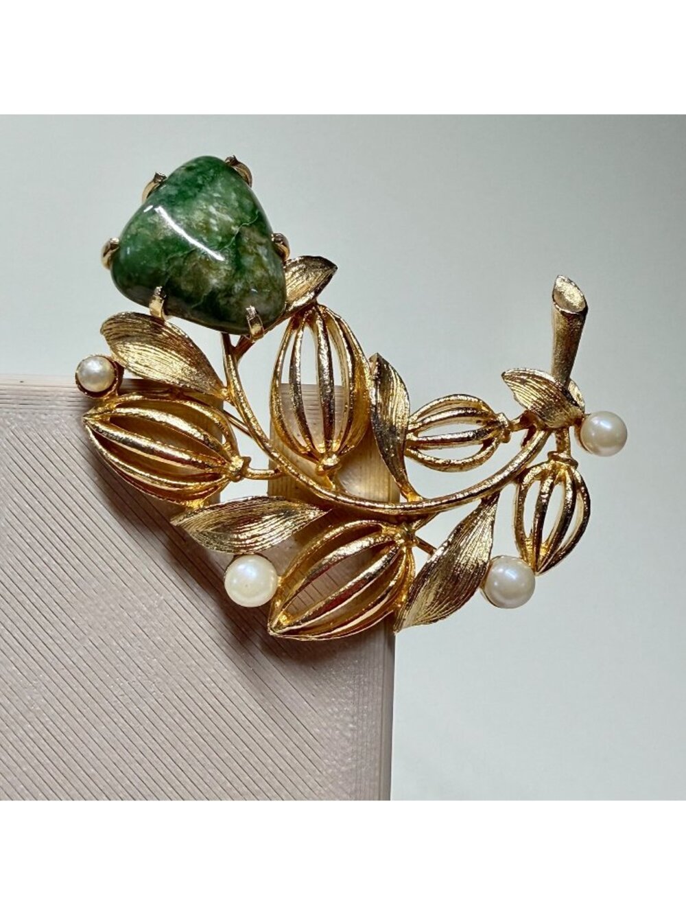 Vintage Lisner Gold-Tone Leaf Brooch With Green Stone & Faux Pearls Botanical